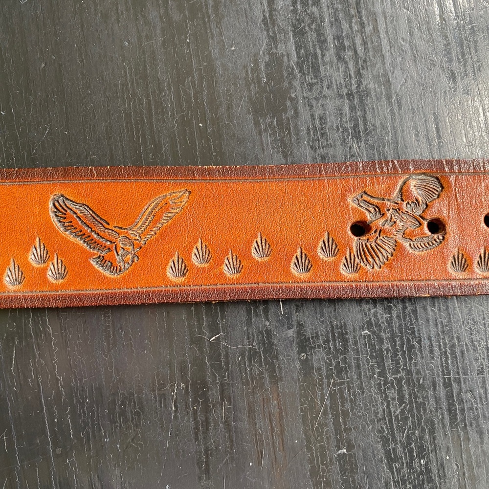 vintage leather tooled hand stamped belt - Picture 3 of 8